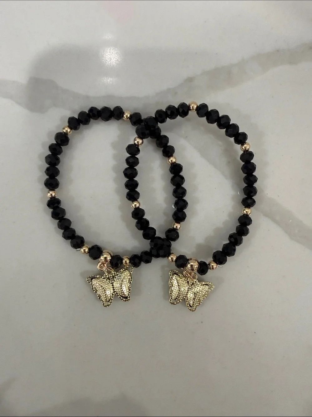 Gold Butterfly Charm Black Beaded Stretch Bracelet - Women Jewelry bundle 2
